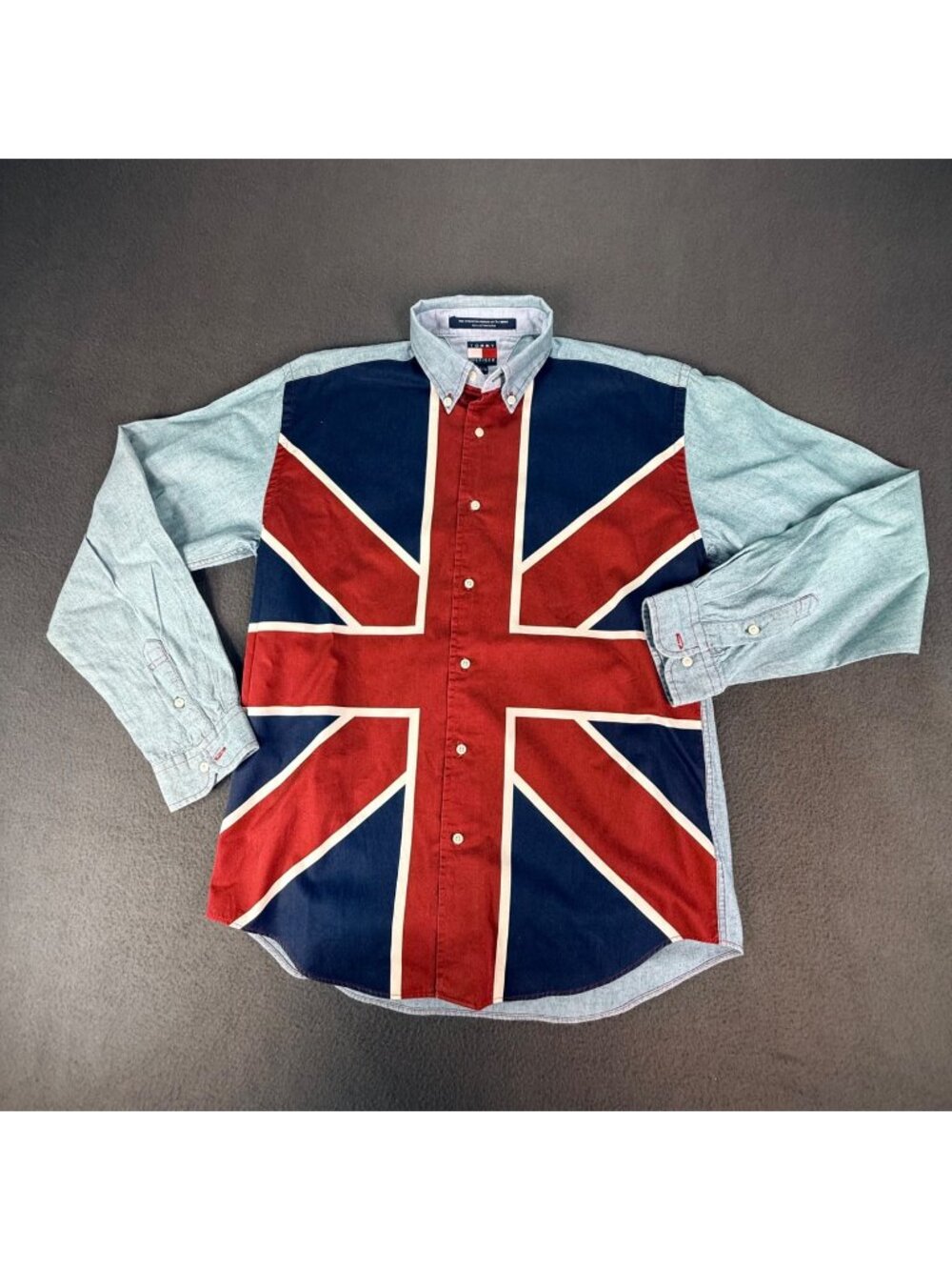 Vintage Tommy Hilfiger Shirt Mens L Union Jack 90s Chambray Blue British Flag
